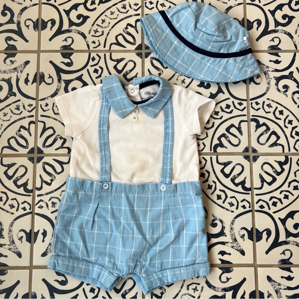 Blue Checkered Baby Outfit with Hat